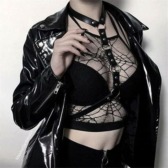 BLACK Leather Waist Shoulder Harness Bra Belt Choker Slave Fetish Bondage NWT - Picture 1 of 9